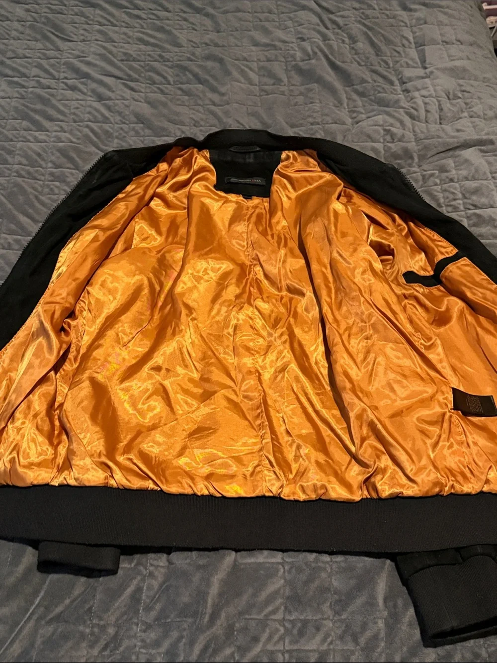 John Varvatos Black Suede Bomber Jacket with Orange Lining